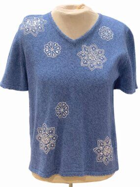 Alfred Dunner Petite Blue Embellished Ramie Cotton Blend Knit Top Size PS